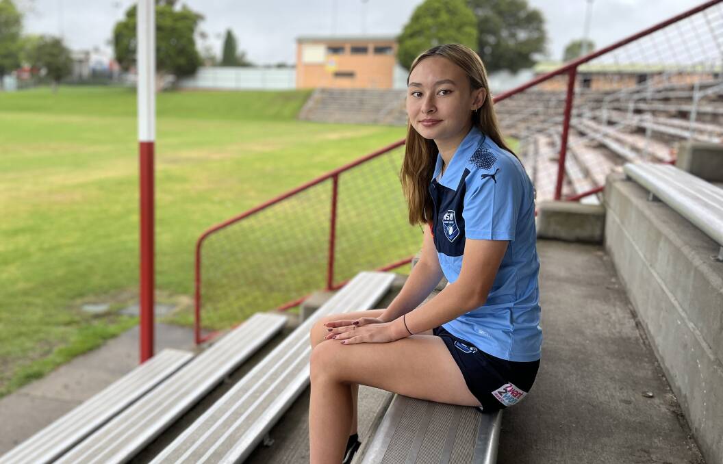Rugby league referee Daytona Porter sits on the grandstand of Bega Recreation Ground on the NSW Far South Coast, proudly wearing her NSWRL Referees Development Squad uniform. Picture by James Parker