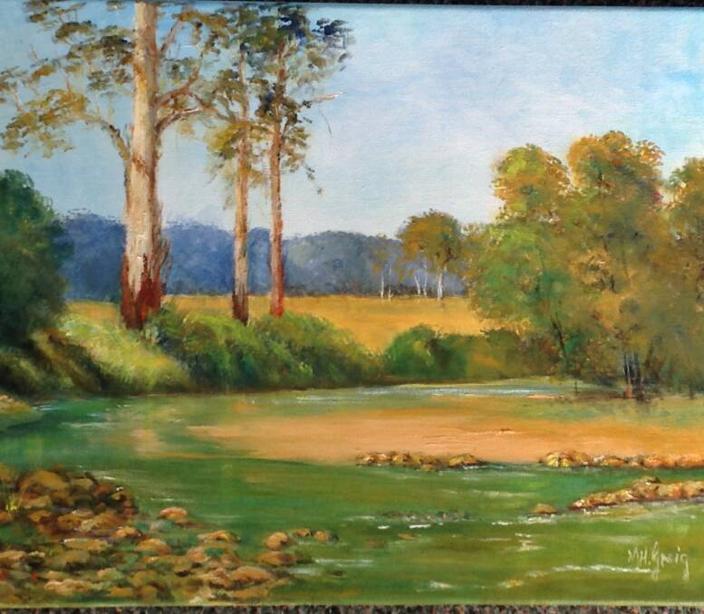 BODALLA CREEK: This work in oil on canvas board is one of Margaret Greig's landscapes, painted lovingly by holding a brush in her mouth.