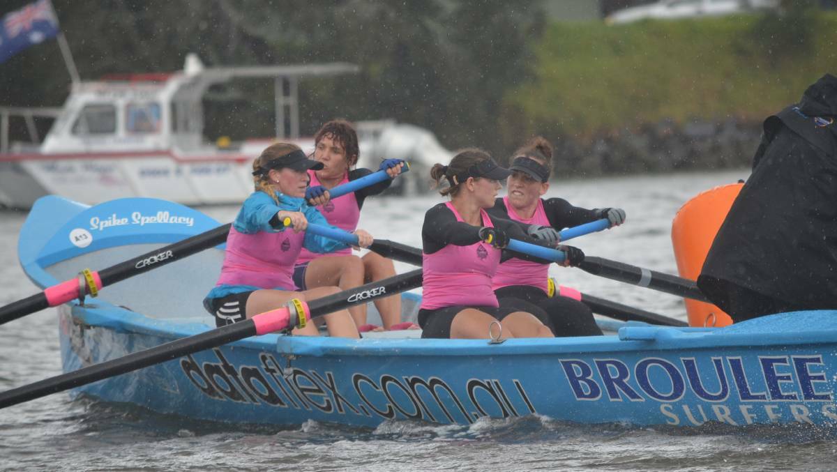 The Broulee Capitals compete on the Moruya River on Monday, January 4, 2015, after the George Bass Surfboat Marathon was moved from open seas. It will be held on the Wagonga Inlet on Tuesday due to rough conditions.