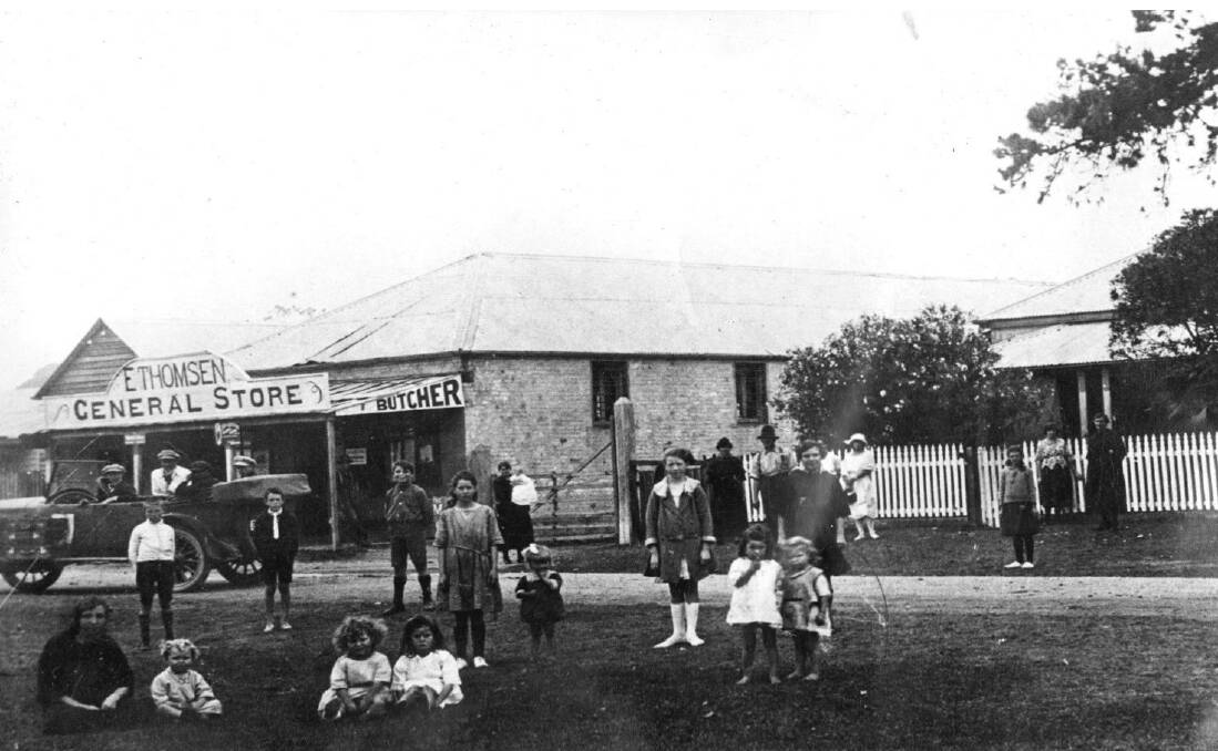 The original Guy family store and home at 5-7 Clyde St, circa 1920, with members of the Latta family.