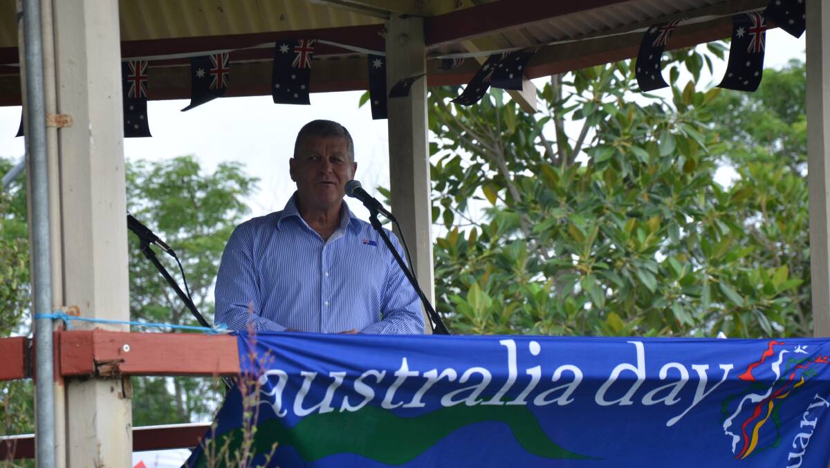 Bert Hunt addresses the crowd at Moruya on Australia Day.
