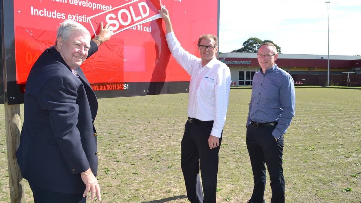 WELL BOWLED: Club Catalina president Phil Hardy with Eurobodalla Shire Mayor Lindsay Brown and Batemans Bay Chamber of Commerce president Allan Rutherford at the site of the former Batemans Bay Bowling Club. 