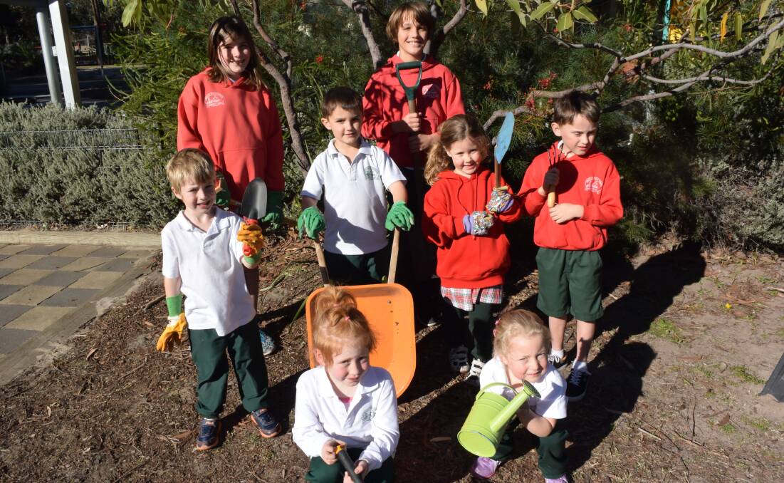 DIG IT: Broulee Public School students Gabriela Ware, Tane Simons, Elliott Irving, Blake Russel, Layla Lynch, Charlotte Gray, Liam Carrol and Charlotte Poile getting ready for National Tree Planting Day.