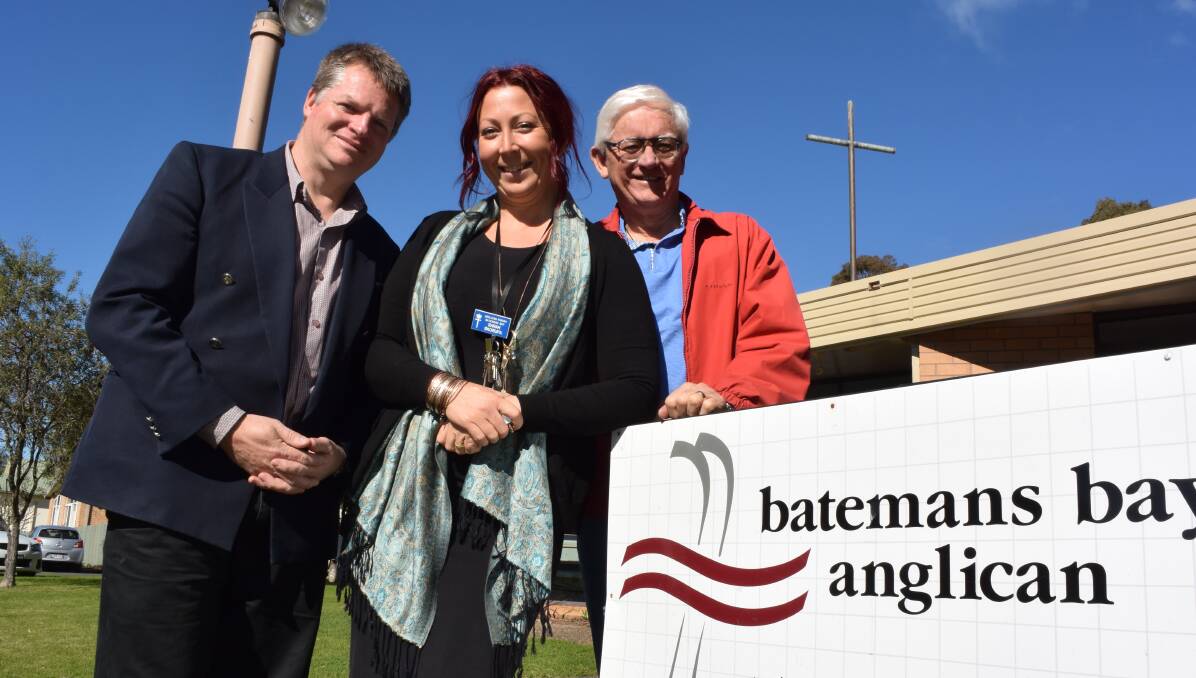 Batemans Bay Anglican deacon Tim Narraway, parish support officer Sarah Skorupa and minister Reverend Colin Walters.
