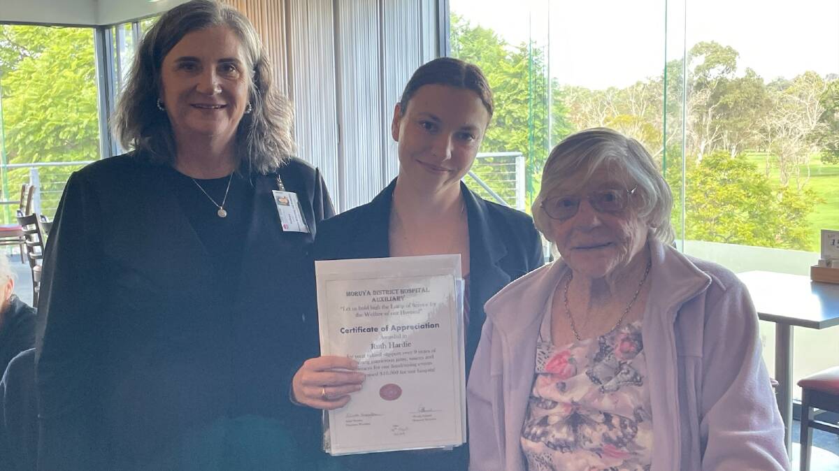 Ruth Hardie (right) is presented with her certificate by Moruya Hospital's Kathryn Lyons and Marie Moore. Picture supplied