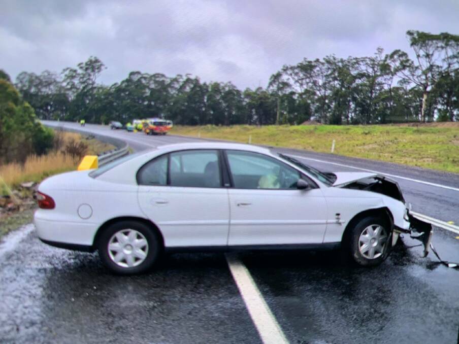 HIGHWAY CRASH: A woman was taken to hospital after a two-car crash on the Kings Highway, near Batemans Bay, on Thursday afternoon. Photo: South Coast Police District.