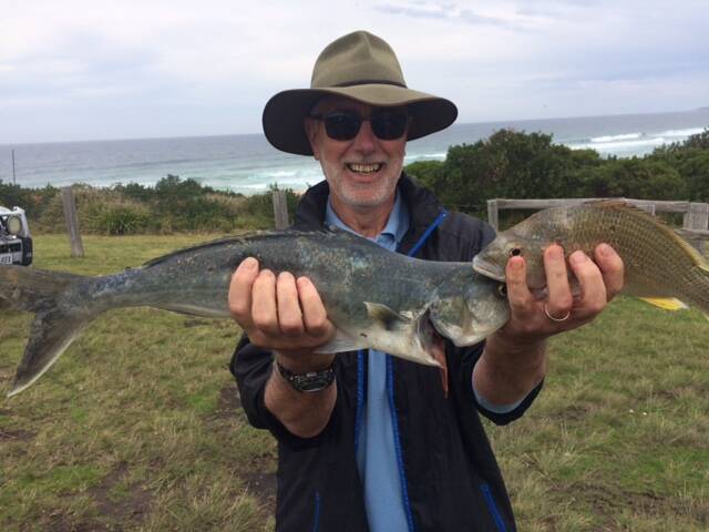 BEACH CATCH: NSGFC member John Swinhoe is over from England and caught some salmon and bream at Cemetery Beach, Tilba. He also got snapper at Tuross.