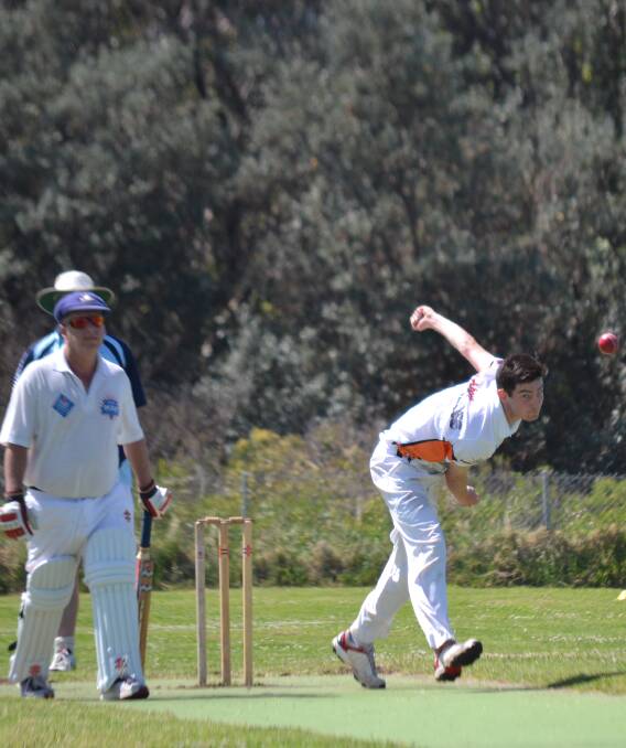 PITCHED UP: Liam Macpherson opens the bowling for Batemans Bay as Ulladulla's opener Shane Isherwood backs up at the nonstriker's end. Batemans Bay hosts Shoalhaven Ex-Servicemens next Saturday. 