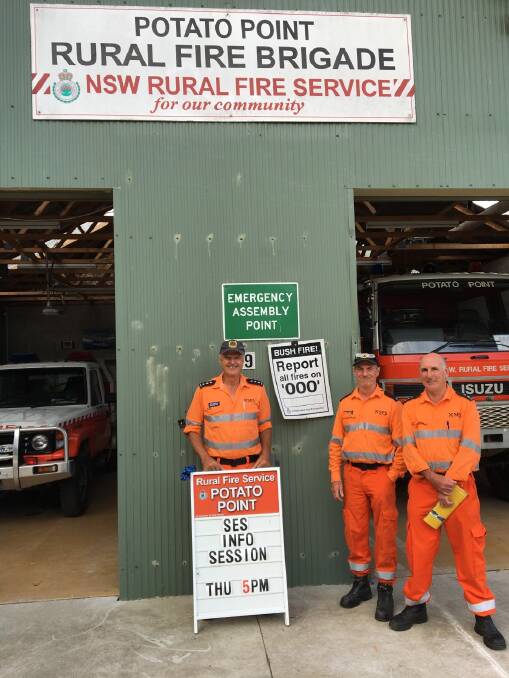 Jeff McMahon, Lloyd Jones and Chris Zammit of Moruya SES at the Potato Point information session.

The session was held at the Potato Point Rural Fire Service station - although SES do not respond to fires, it was an ideal spot for the community to come together.