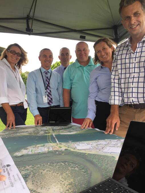 Eurobodalla Shire Mayor Liz Innes, Infrastructure director Warren Sharpe, RMS senior project manager Ian Archer, Surfside resident Brad Rossiter, RMS project director Kylie Curran and Bega MP and NSW Infrastructure Minister Andrew Constance announcing the final Batemans Bay bridge plan on December 10, 2018.