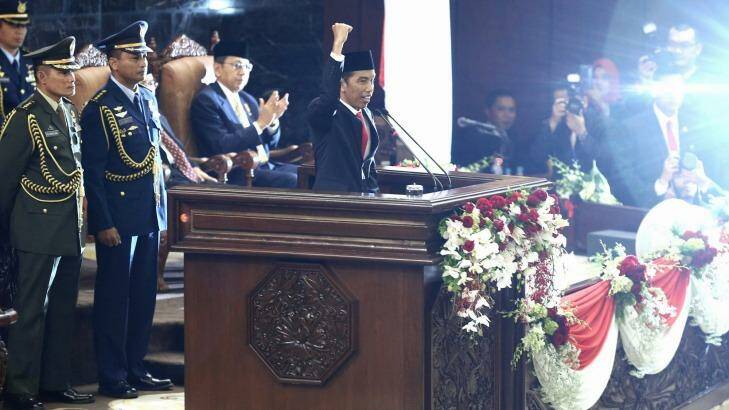Indonesian President Joko Widodo during his speech at his inauguration ceremony. Photo: Alex Ellinghausen