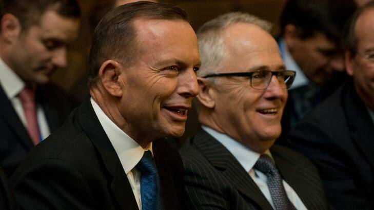 Tony Abbott and Malcolm Turnbull at the Federal Liberal Party Council. Photo: Jesse Marlow