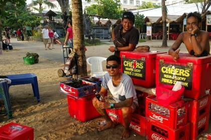"Bali can sell beers, they can still relax by the beach and buy cool Bintang there." Kuta beach vendor Kadek Nova assures his customers. He's pictured with Gede Bayu (black T-shirt) and Kadek Lucky.  Photo: Amilia Rosa