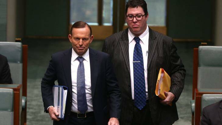 George Christensen and Tony Abbott enter Question Time together in October. Photo: Alex Ellinghausen