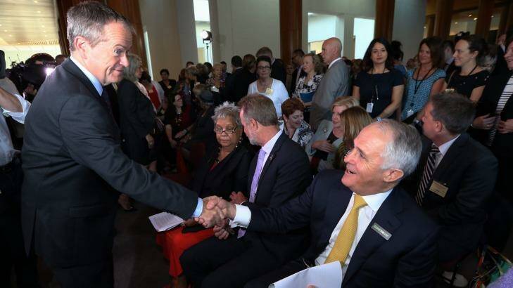 Mr Turnbull and Opposition Leader Bill Shorten came together at the breakfast event. Photo: Andrew Meares