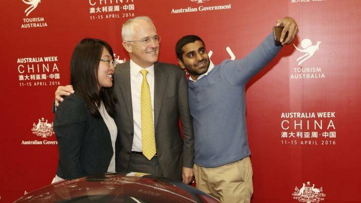 Malcolm Turnbull with Australian tech start-ups in Shanghai. Photo: Andrew Meares