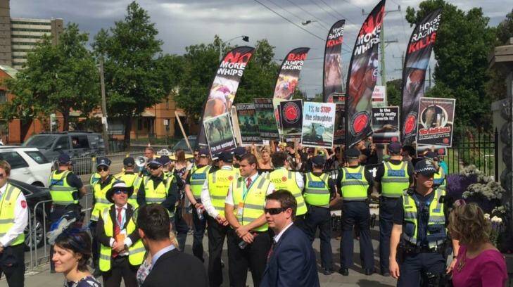 Protesters outside Flemington after Admire Rakti died in his stall.  Photo: Supplied