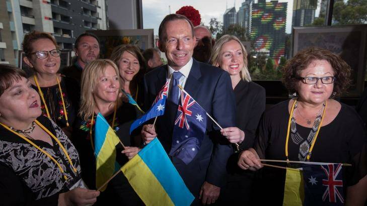 Tony Abbott is celebrated by the Australian Federation of Ukrainian Organisations with its inaugural Freedom Award.  Photo: Jason South