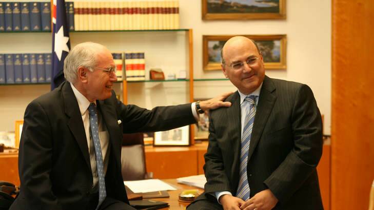 Former Prime Minister John Howard with former assistant treasurer Arthur Sinodinos. Photo: Andrew Taylor