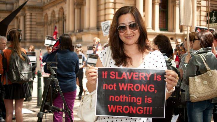 Protestors rally against slavery of migrant workers in Qatar in Sydney in 2013.  Photo: Bibek Pradhan 