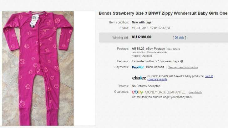 An example of a Bonds Wondersuit 'unicorn', which sold for $180 online, eight times the retail price. Photo: Lucy Battersby