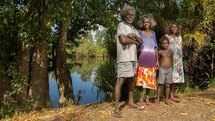 "We used to swim here": (From left) Mark Djandjomerr, May Nango, Shelton Nango and Dell Hunter. Photo: Glenn Campbell