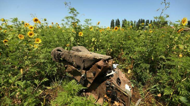 One of the pilots seats at one of the sites where the front section of MH17 crashed, on the outskirts of Rassypnoe village in the self-proclaimed Donetsk People's Republic, Ukraine.  Photo: Kate Geraghty