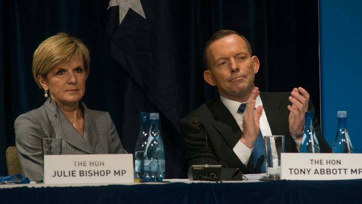 Deputy Leader Julie Bishop and the Prime Minister at the Liberals' annual meeting. Photo: Jesse Marlow