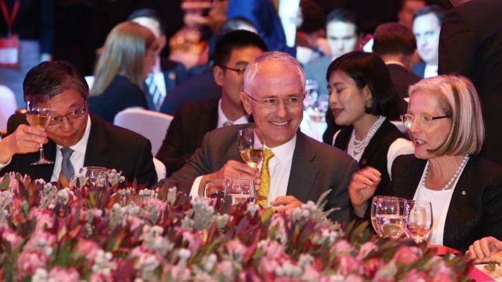 Prime Minister Malcolm Turnbull and Lucy Turnbull at the Australia week in China gala lunch in Shanghai Photo: Andrew Meares