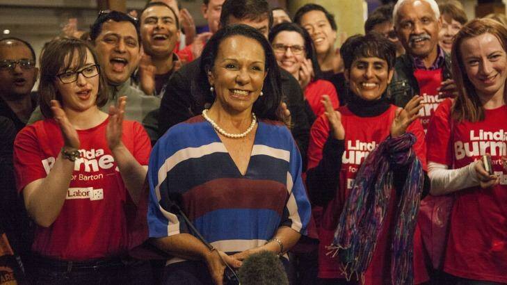 Linda Burney and supporters after winning Barton. Photo: Juno Gemes