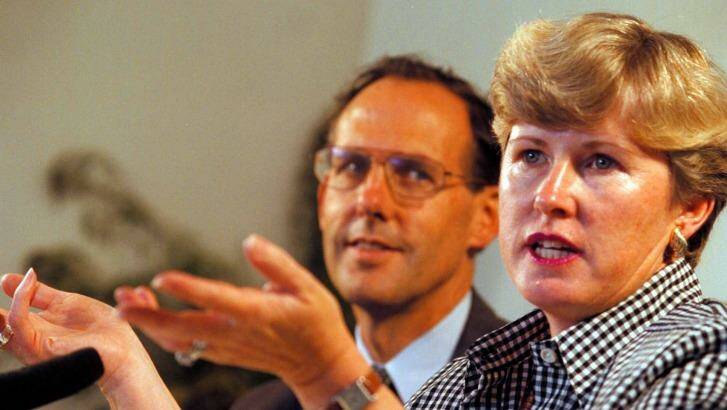 Christine Milne, leader of the Tasmanian Greens, pictured with Senate candidate and national Greens leader Bob Brown in February 1996 Photo: Bruce Miller