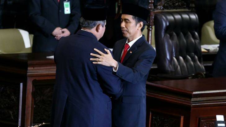 Outgoing president Susilo Bambang Yudhoyono and Joko Widodo. Photo: Alex Ellinghausen