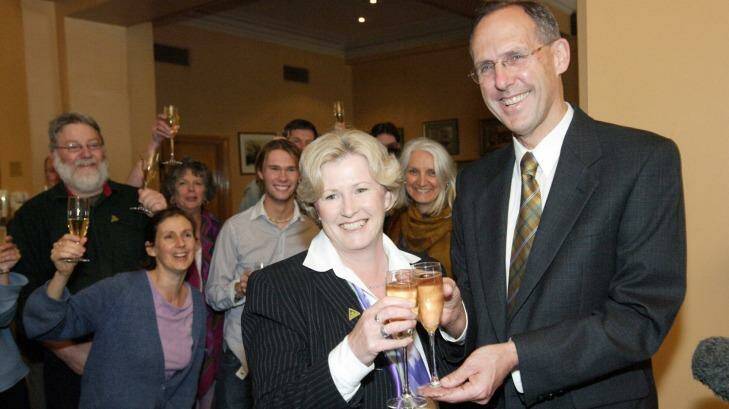 Christine Milne with Senator Bob Brown after  Christine Milne won her Senate seat in 2004. Photo: Peter Mathew