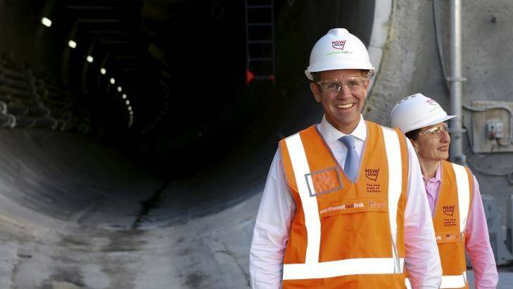 Mike Baird at the North West Rail Link construction site with Gladys Berejiklian on Friday.  Photo: Brendan Esposito