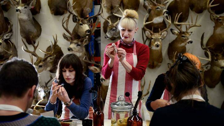Natalie Delaney-John (standing) teaches one of her taxidermy classes. Photo: Penny Stephens