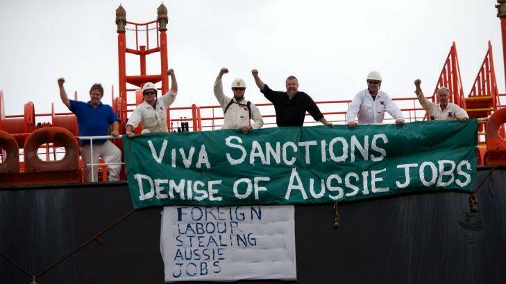 Ship workers protest on the Tandara Spirit in Port Phillip Bay. 20th November 2014. Photo: Jason South