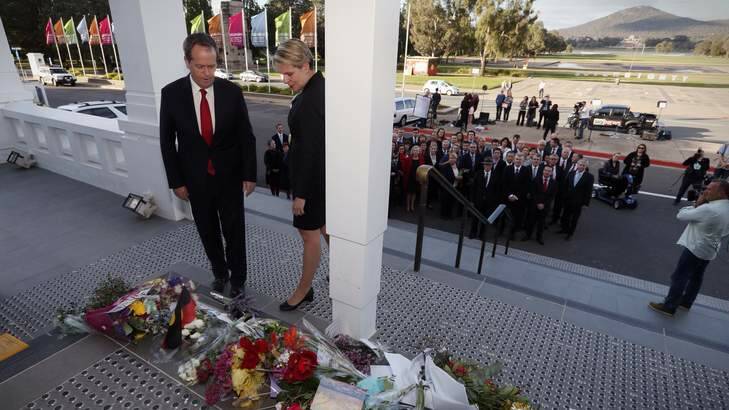 Bill Shorten and Tanya Plibersek lay a wreath on the steps of Old Parliament. Photo: Andrew Meares