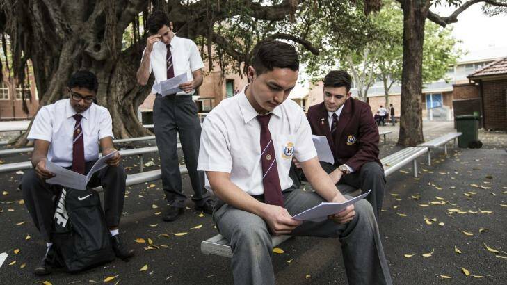 Students at Homebush Boys High after finishing an HSC exam last year. Photo: Dominic Lorrimer