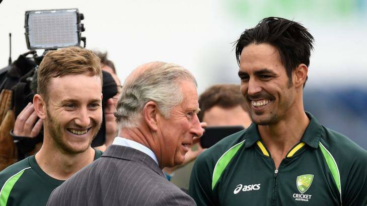 CARDIFF, WALES - JULY 06:  Prince Charles, Prince of Wales shares a joke with Australia cricketers Peter Nevill and Mitchell Johnson (r) during a Royal visit ahead of the 1st Investec Ashes Test match between England and Australia at SWALEC Stadium on July 6, 2015 in Cardiff, United Kingdom.  (Photo by Stu Forster/Getty Images) Photo: Stu Forster