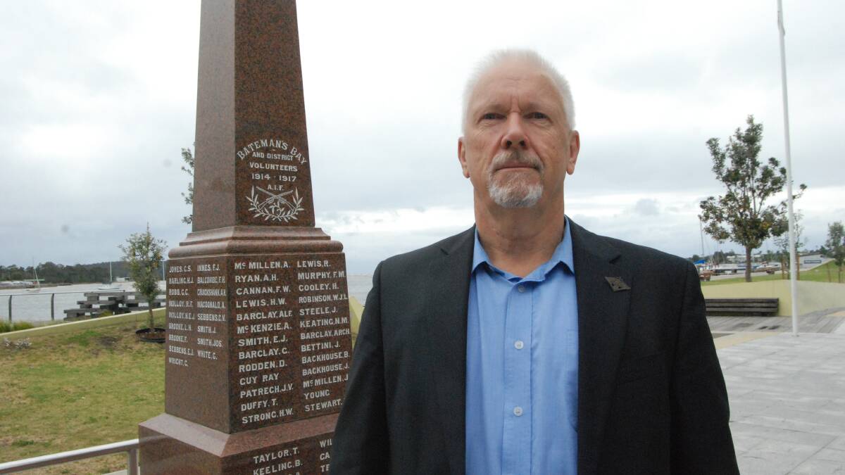 REMEMBERING HEROES: Batemans Bay RSL Sub-Branch honorary secretary Peter Watson at the honour stone in Clyde Street, where the Remembrance Day service will be held on November 11.