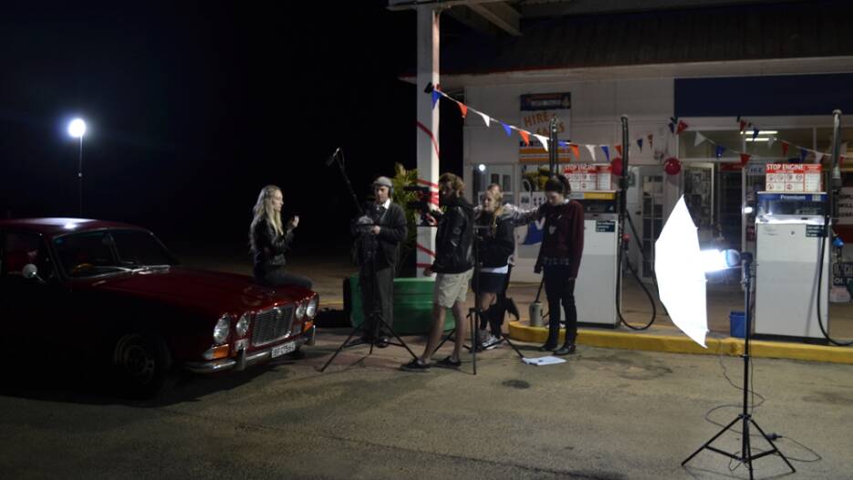SERVO SET: Tessa Muskett (far right) during the film of her short film Scammers, with (from left Morgan Heath-Williams, Drew Deck, James Lepre, and Isabella Bussa.