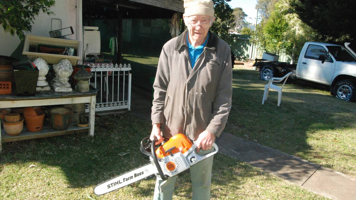 CHAIN GAIN: Batehaven’s Robert Sutton with his Stihl MS 391 chainsaw, replacing the one he lost in unfortunate circumstances in May.