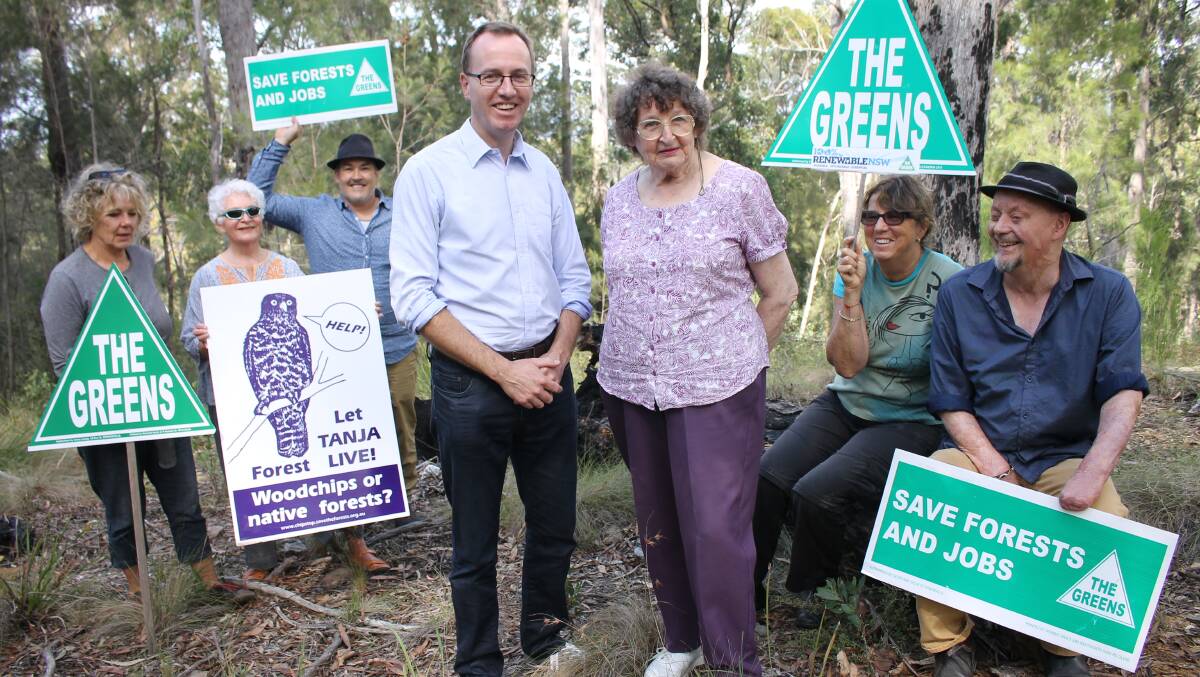 Enjoying a visit to Tanja State Forest while busy on the campaign trail, NSW Greens Member of Parliament and forestry spokesperson David Shoebridge talks policy with the party’s candidate for Bega Margaret Perger, supported by (back, from left) Harriett Swift, Heather Kenway, Cr Keith Hughes, Sylvie Mester and Jamie Shaw.