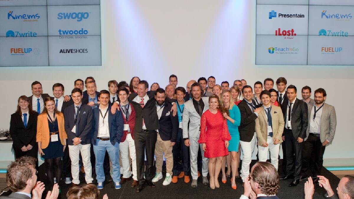 THE WINNERS: Tiffany Hart and the other top 10 global start-ups pitch their new companies to Dutch Queen Maxima and European Commission Vice President Neelie Kroes at the “Startupbootcamp” Amsterdam event.  