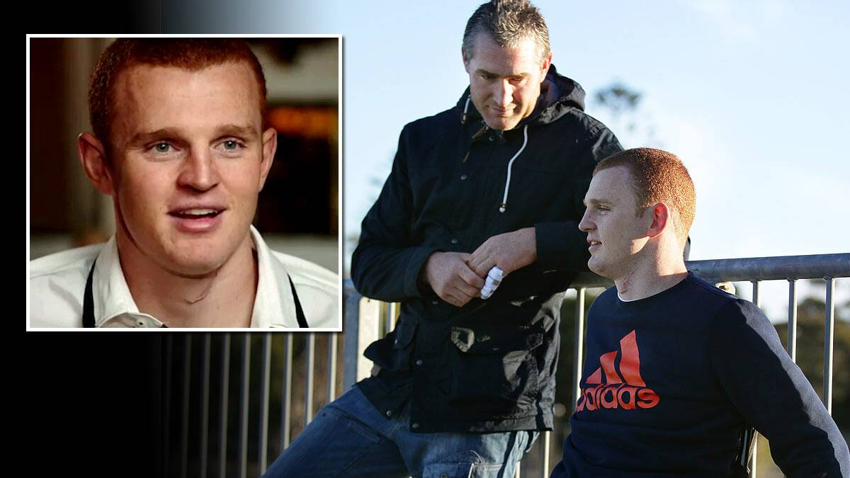 Looking towards the future: Alex McKinnon attended a Knights reserve grade match on the weekend ahead of the screening of his 60 Minutes tell-all interview. Picture: Inset, courtesy of 60 Minutes, main, Peter Stoop