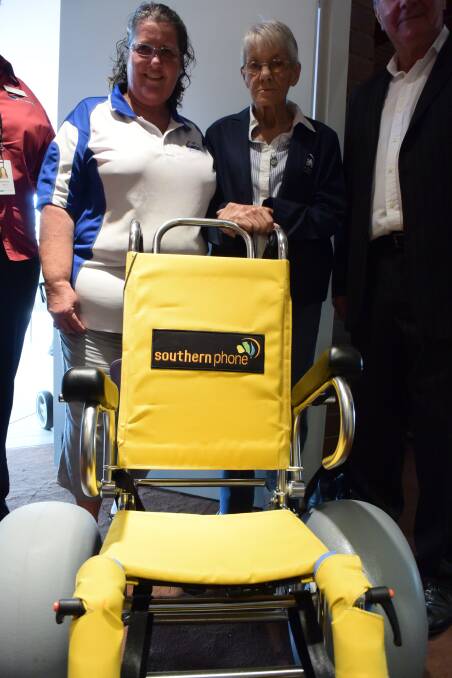 WHEEL DEAL: Moruya Surf Life Saving Club’s Janni Thompson and Lesley Pheeney with the new beach wheelchair for the club’s Special Nippers, purchased with a Southern Phone grant. 