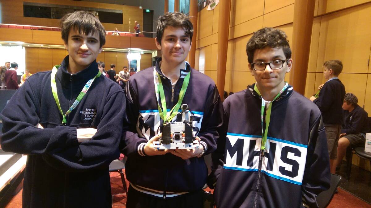 ON TOP: Moruya High School students Ethan Crosby, Alistair Stewart and Ben Galea are team JEBLA, which claimed second place in the soccer 
ategory at the NSW RoboCup and will this month take on Australia. 
 