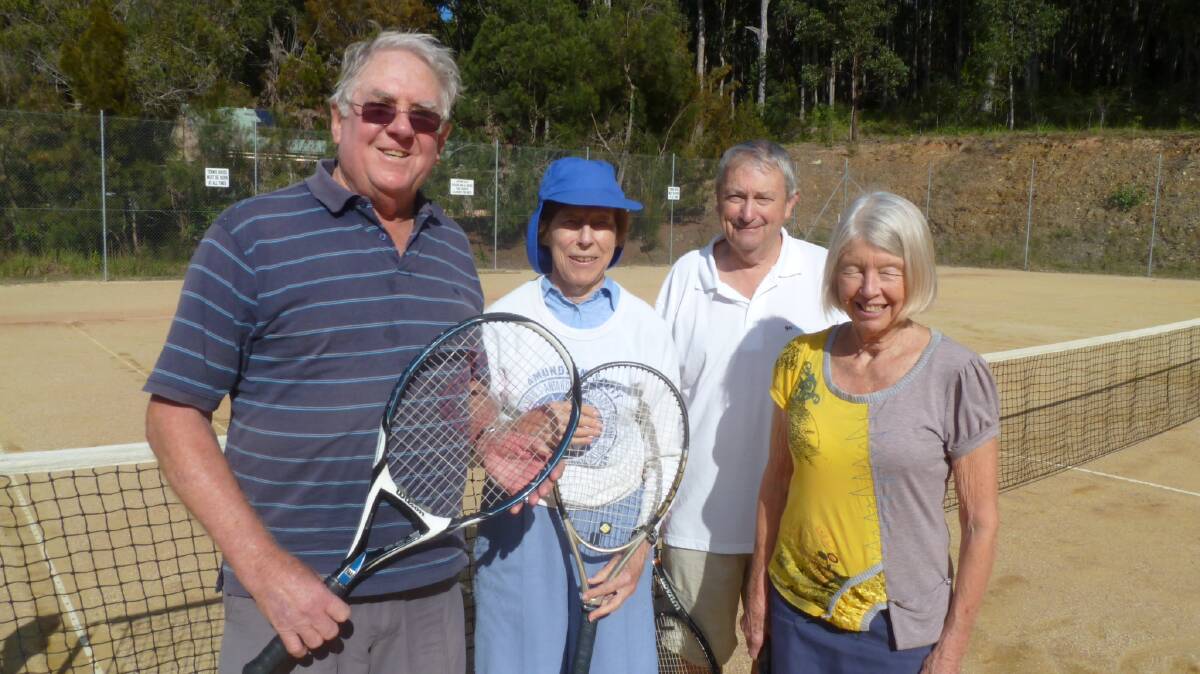 UP FOR DOUBLES: David Uren, Judy Thomson, Barry Brown and Alison Powell at the Malua Bay Tennis Club.