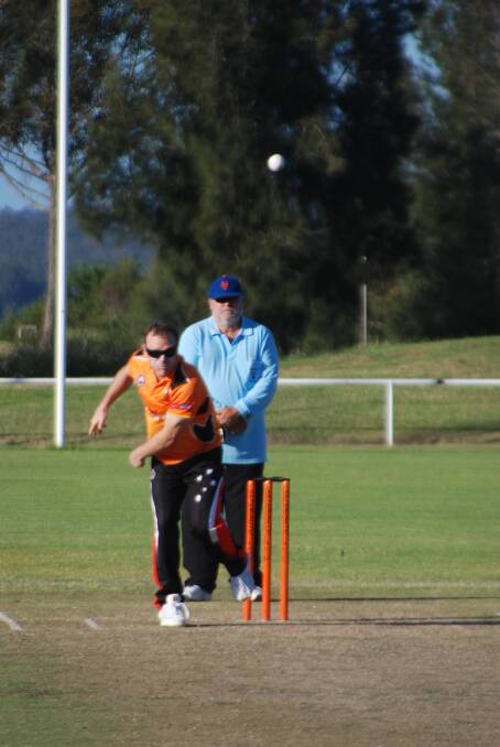 TOSSING IT UP: David West, pictured playing in the one-day competition at Hanging Rock, took three wickets in Bay and Basin's first innings on January 24. 