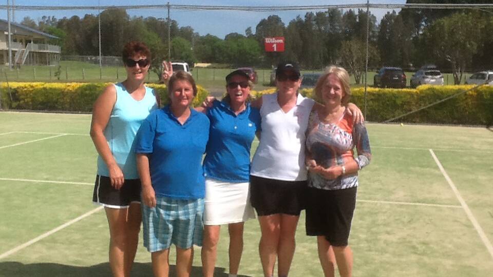 NUMBER ONE: Bay Rockets’ Sue McCann, Robyn Cole, Ann Cole, Kath Overend and reserve Barbara Kuessner after winning the division grand final at Batemans Bay Tennis Club.